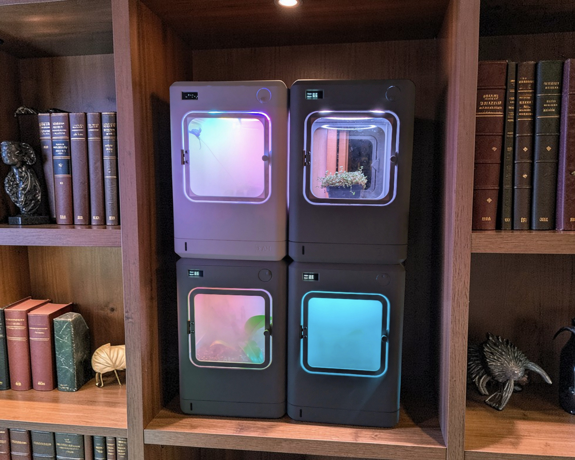 Multiple AutoHab units stacked on a bookshelf